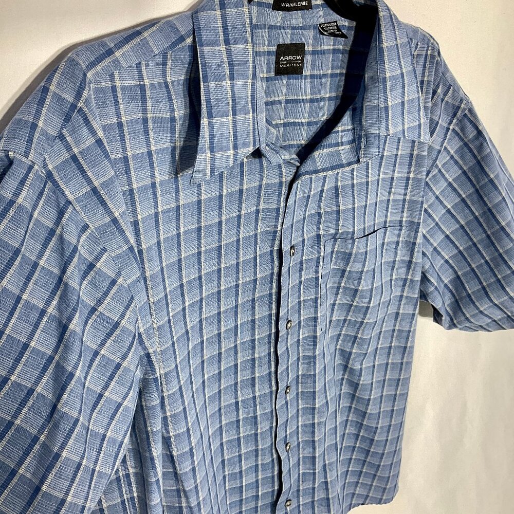Arrow Sz XL Wrinkle Free Short Sleeve Blue Plaid Shirt Mens 5218190